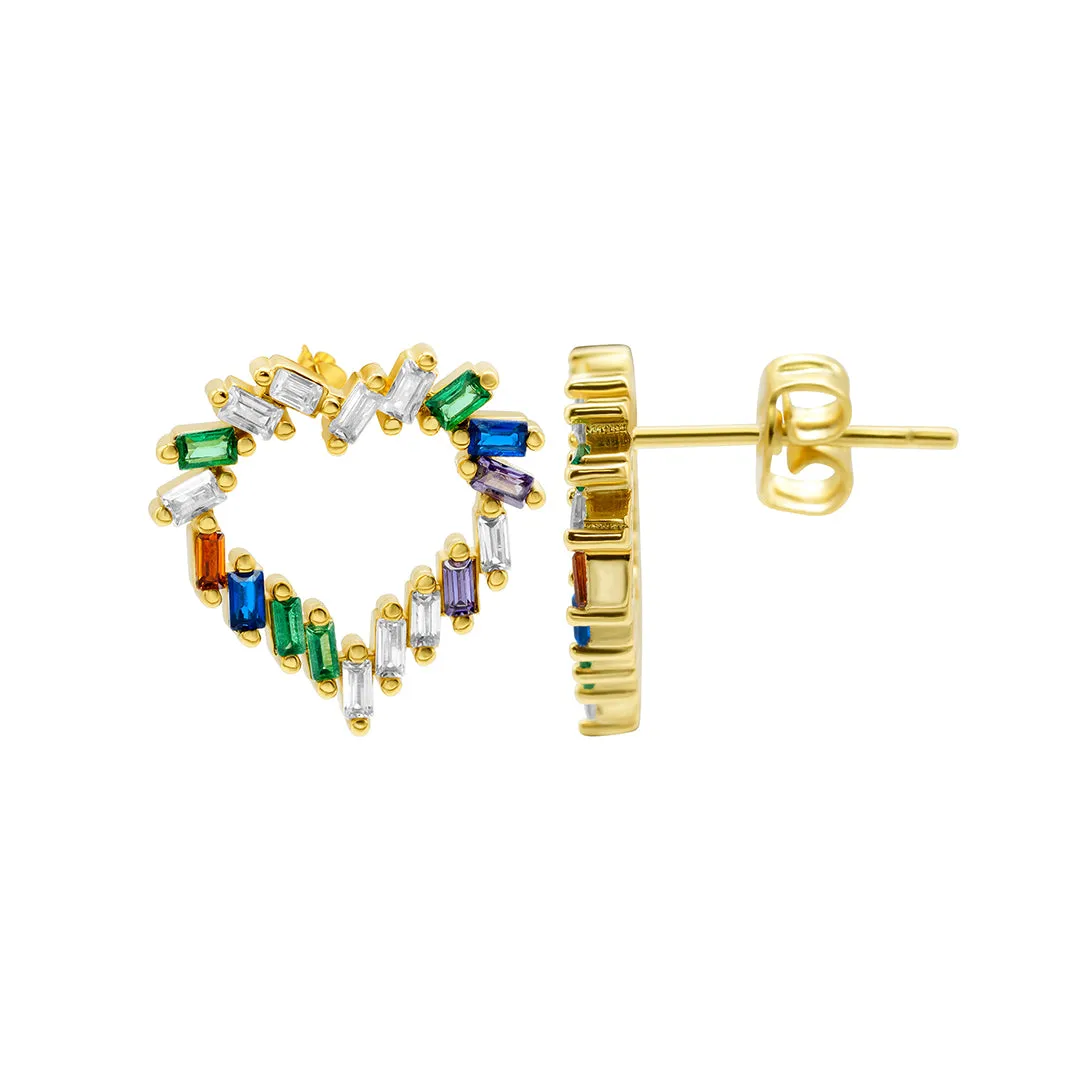 14k Gold Rainbow Baguette Heart Stud Earrings