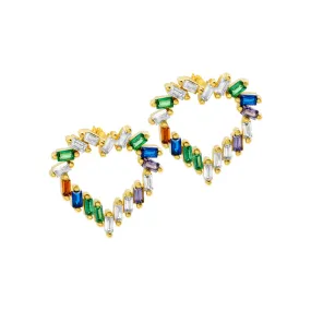 14k Gold Rainbow Baguette Heart Stud Earrings