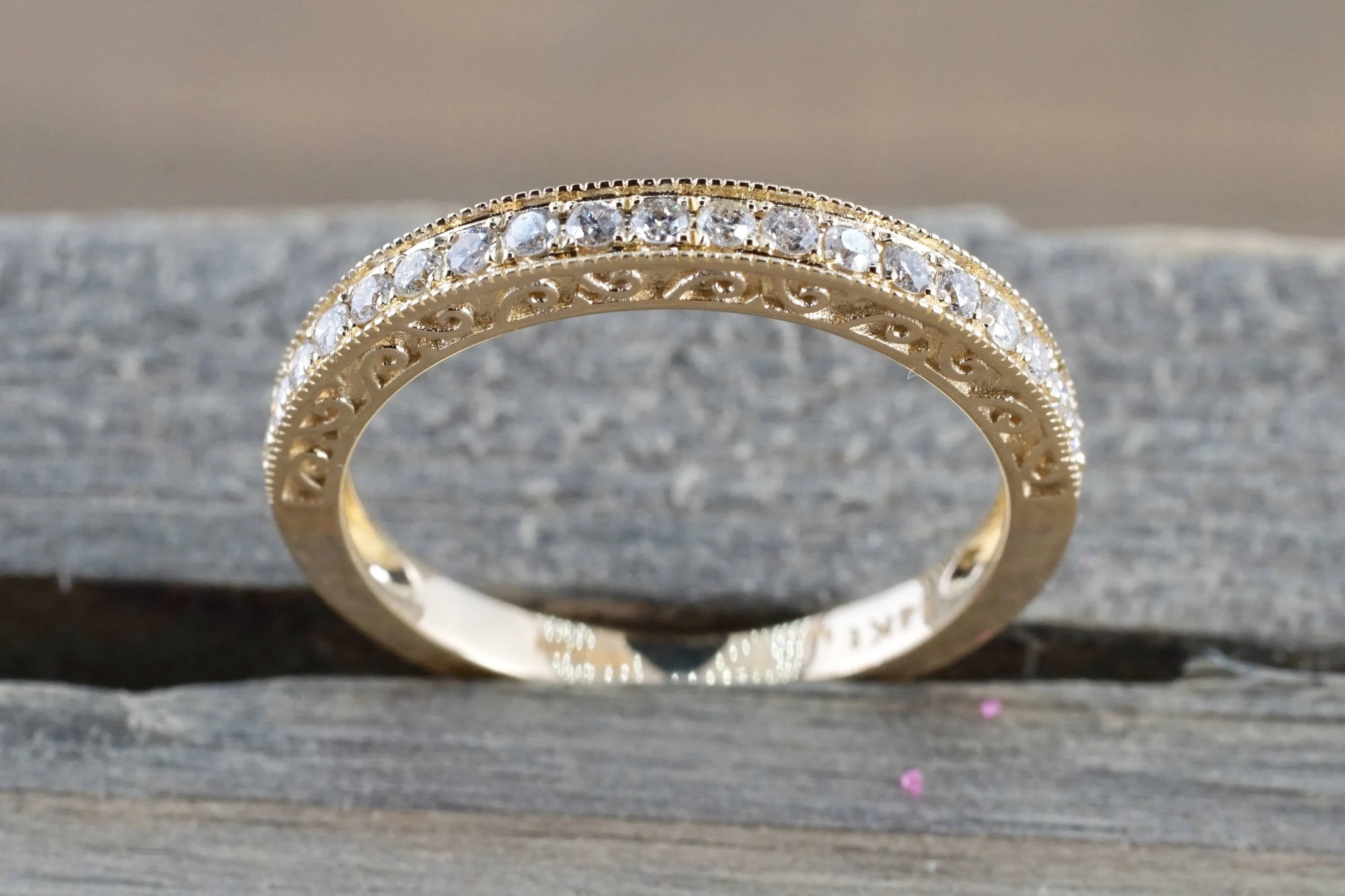 14kt Yellow Gold Diamond Milgrain Etching Vintage Wedding Engagement Anniversary Band Ring Filigree Vine