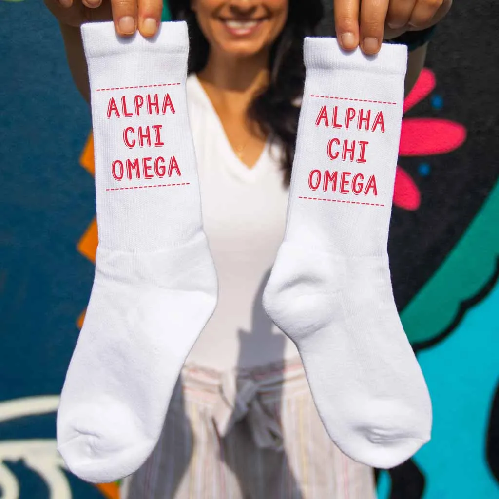 Alpha Chi Omega Socks - Personalized Sorority Crew Socks in Official Colors.