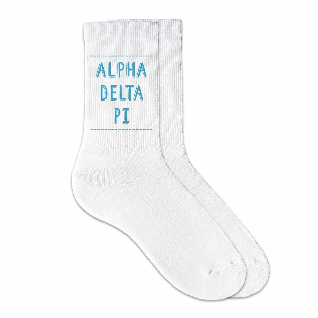 Alpha Delta Pi Sorority Crew Socks - Personalized Name and Colors