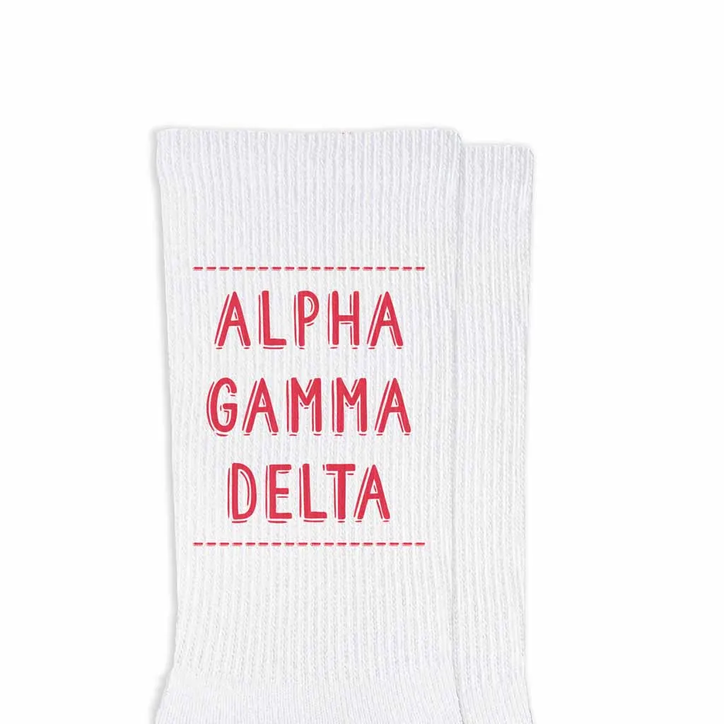 Alpha Gamma Delta crew socks with sorority name and colors.