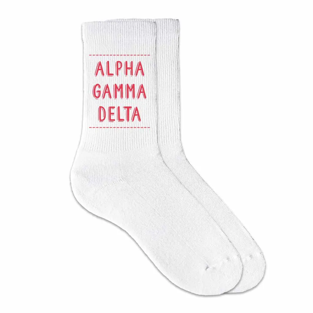 Alpha Gamma Delta crew socks with sorority name and colors.