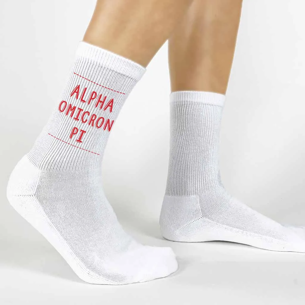 Alpha Omicron Pi Crew Socks - Alpha Omicron Pi Name - Sorority Colors