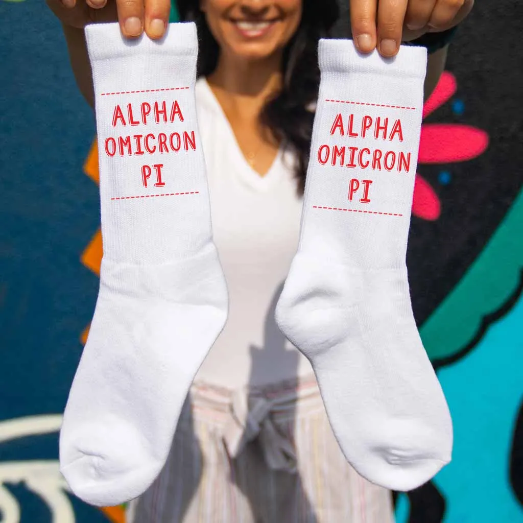 Alpha Omicron Pi Crew Socks - Alpha Omicron Pi Name - Sorority Colors