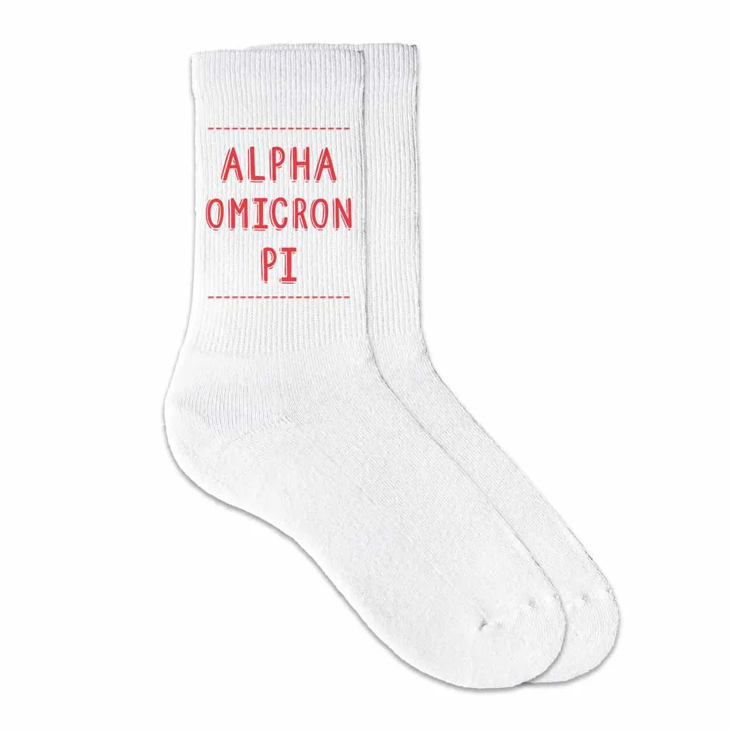 Alpha Omicron Pi Crew Socks - Alpha Omicron Pi Name - Sorority Colors