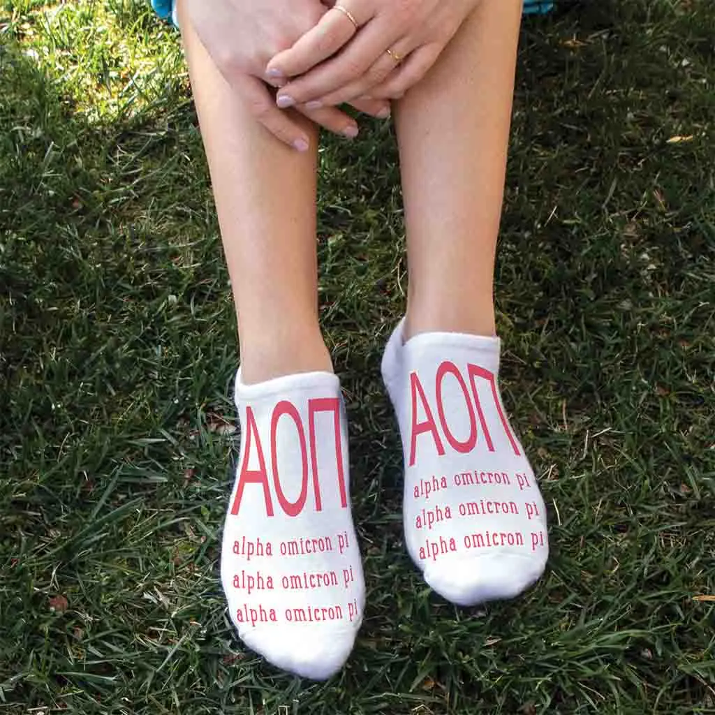 Alpha Omicron Pi Greek Letters No Show Socks - Shop Now