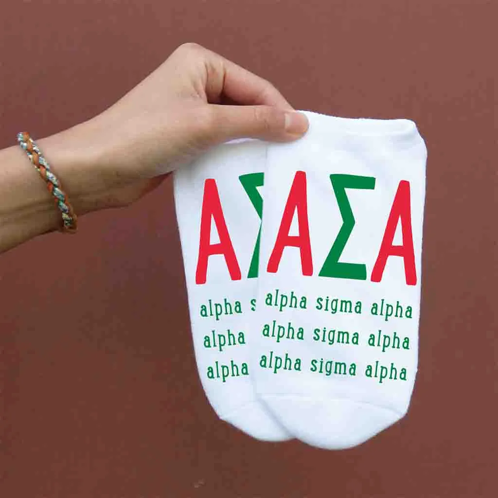 Alpha Sigma Alpha Sorority Socks, Large Greek Letters, No Show Socks - Buy Now!