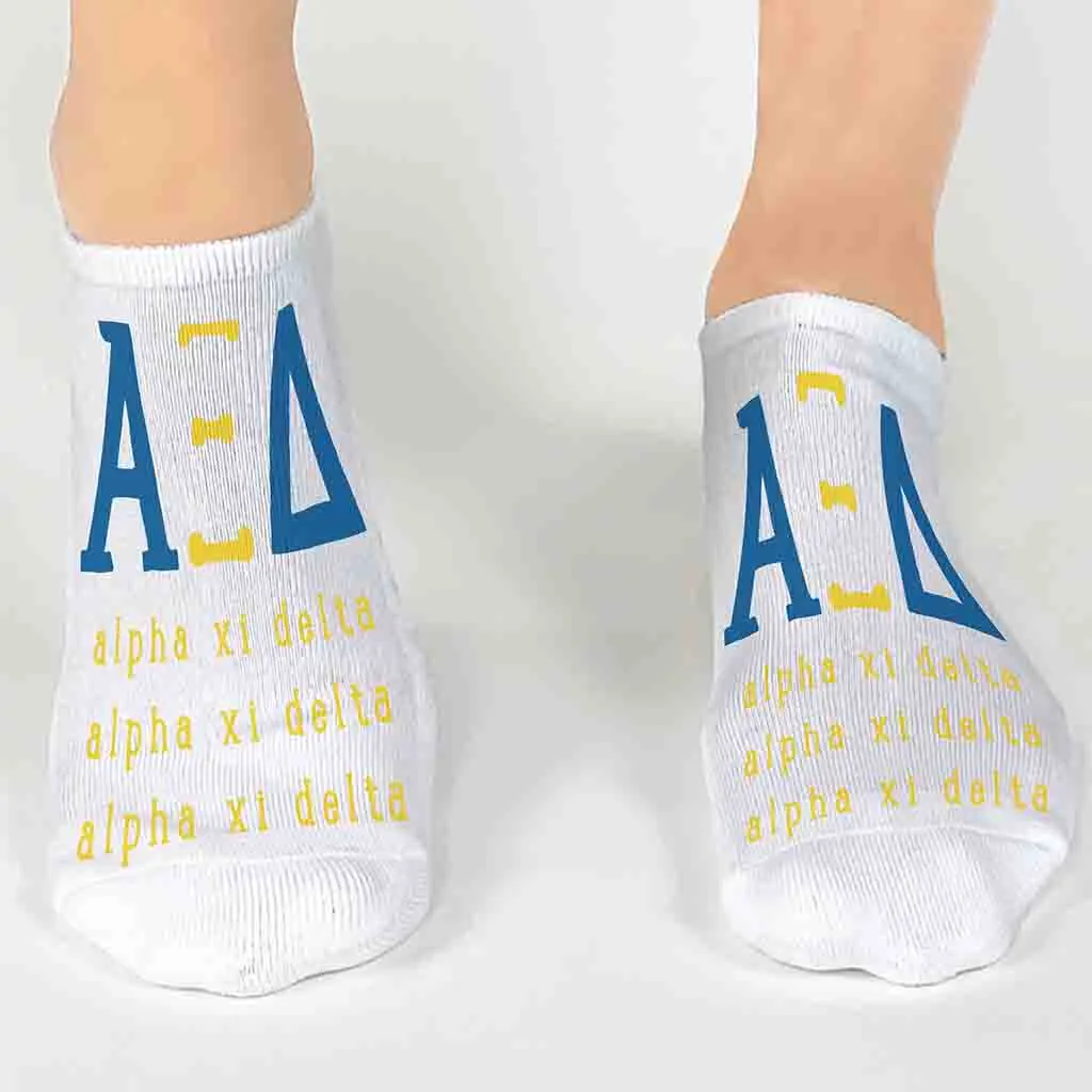 Alpha Xi Delta Sorority No Show Socks with Large Greek Letters