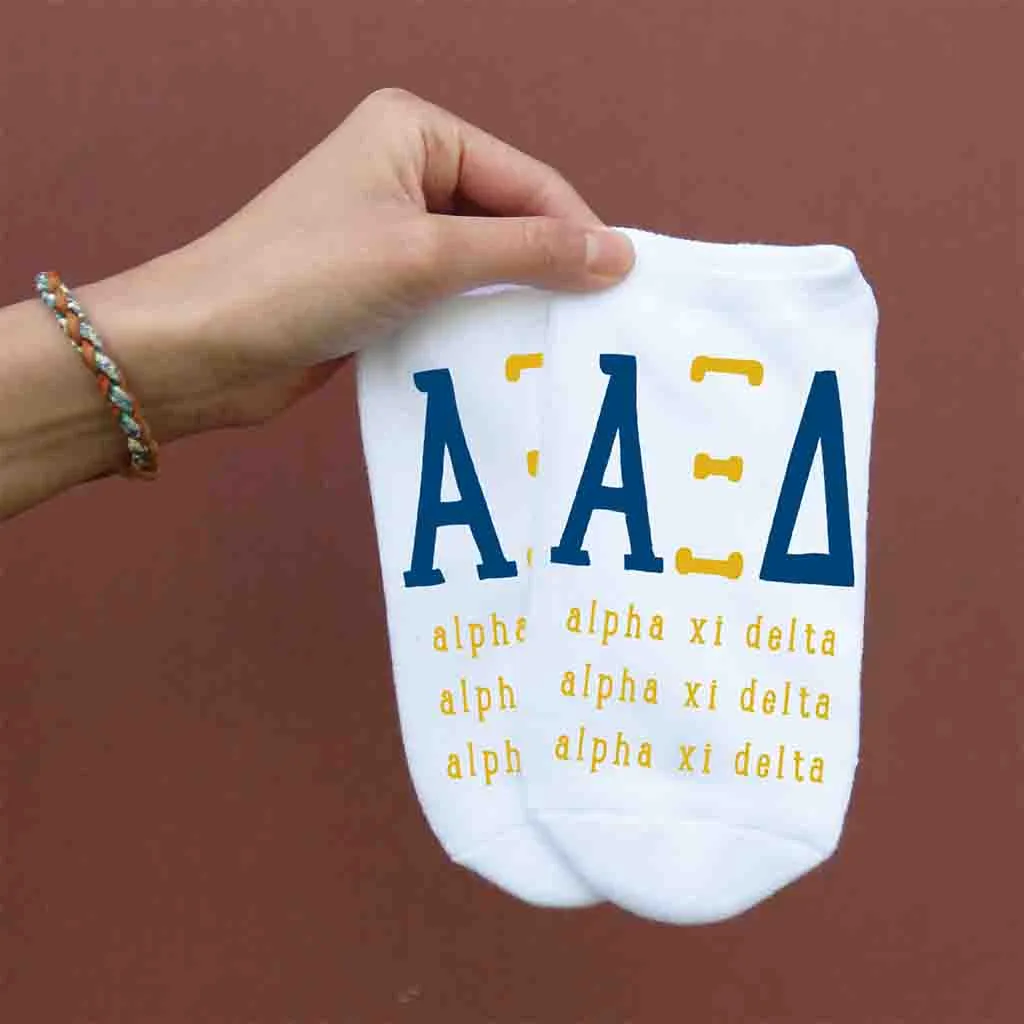 Alpha Xi Delta Sorority No Show Socks with Large Greek Letters