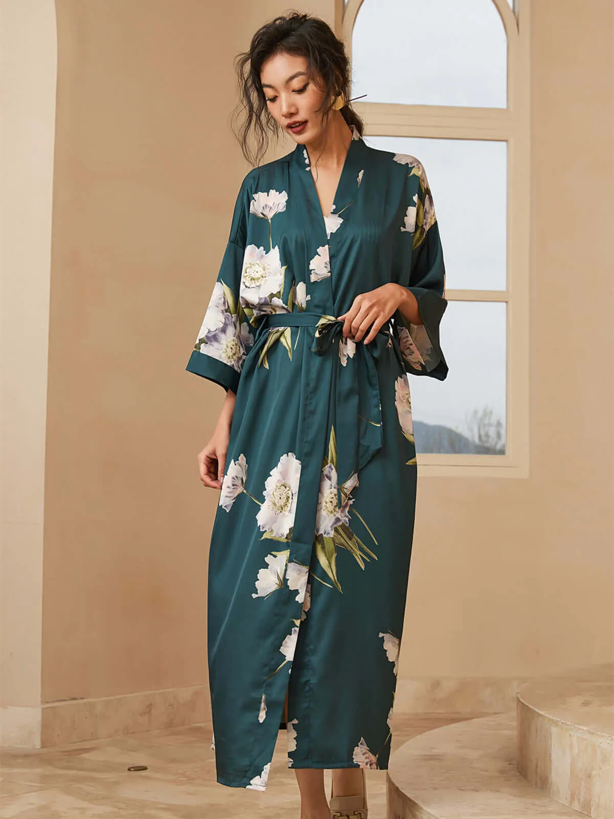 Anemone Kimono Robe for Women, Floral Blooming Design