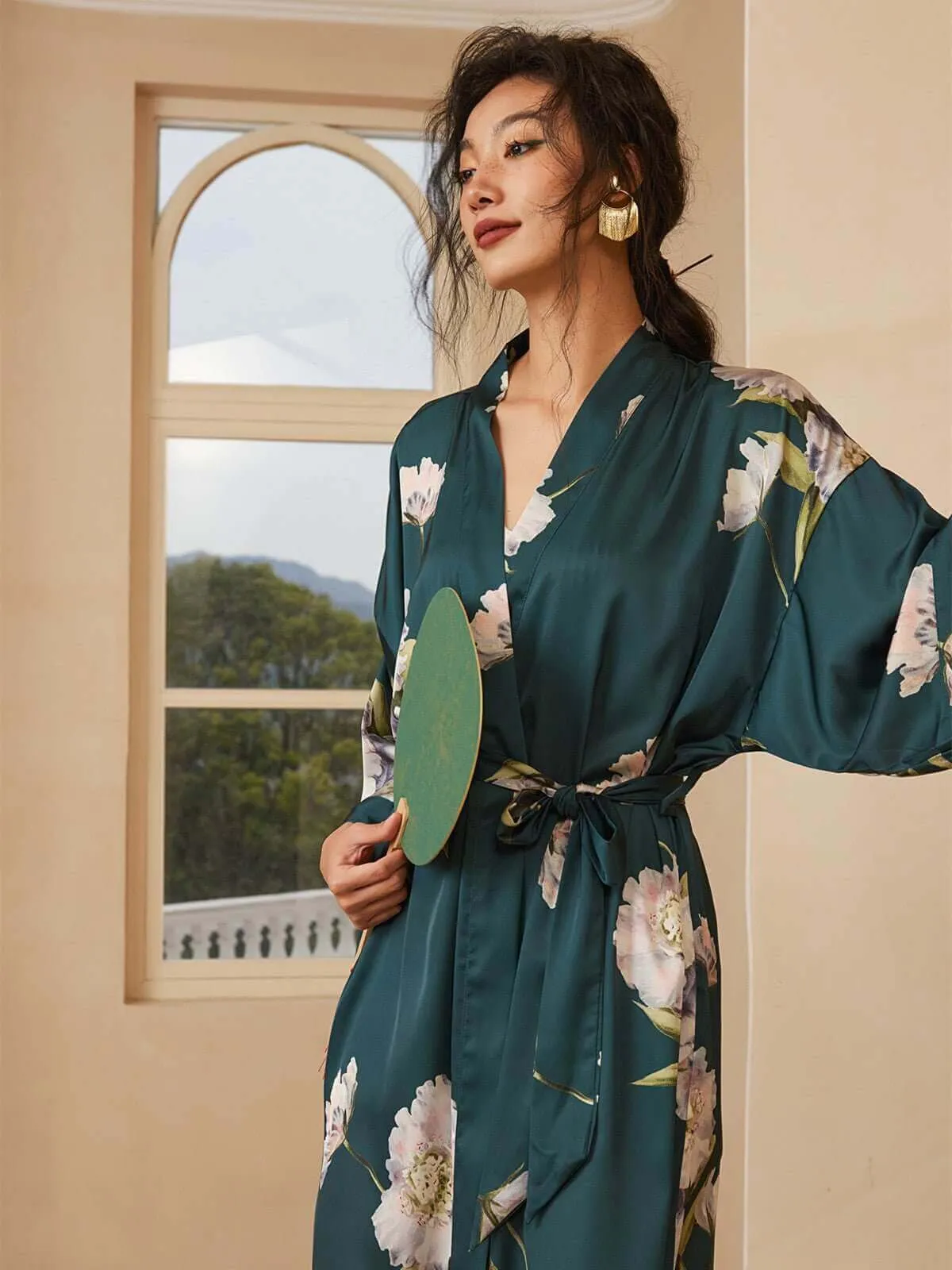 Anemone Kimono Robe for Women, Floral Blooming Design