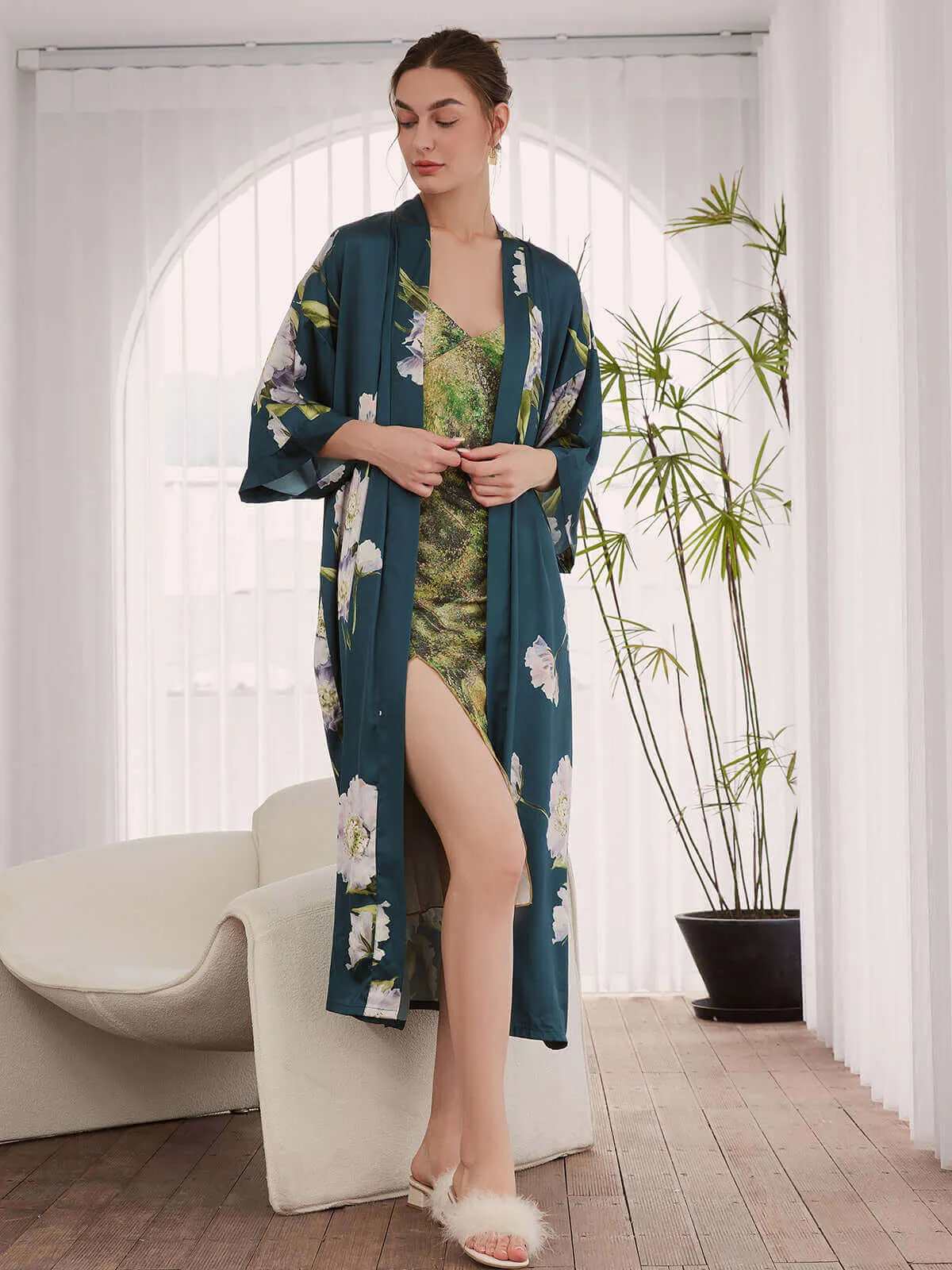 Anemone Kimono Robe for Women, Floral Blooming Design