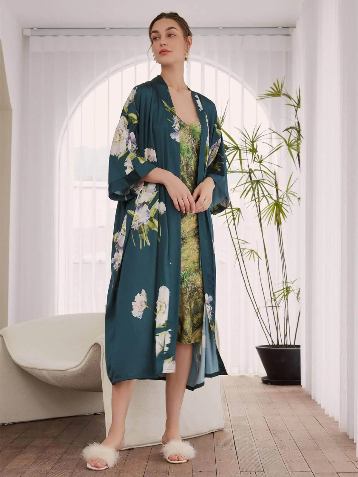 Anemone Kimono Robe for Women, Floral Blooming Design