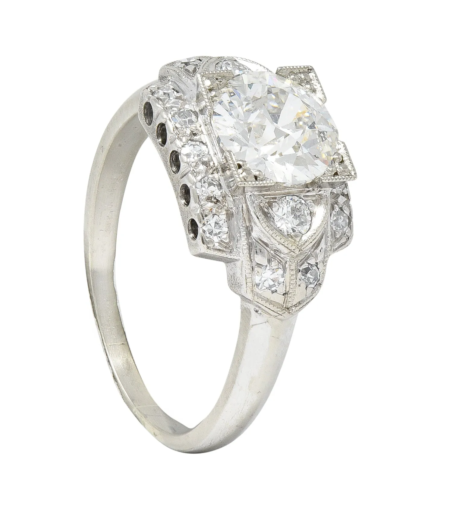 Art Deco 1.39 CTW Old European Cut Diamond 14 Karat White Gold Stepped Vintage Engagement Ring