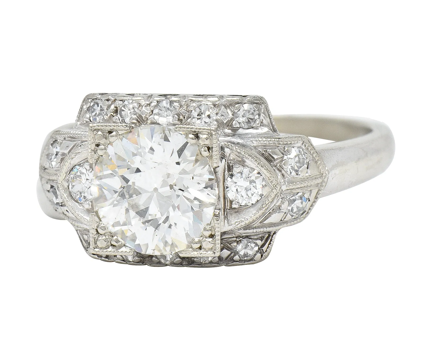 Art Deco 1.39 CTW Old European Cut Diamond 14 Karat White Gold Stepped Vintage Engagement Ring