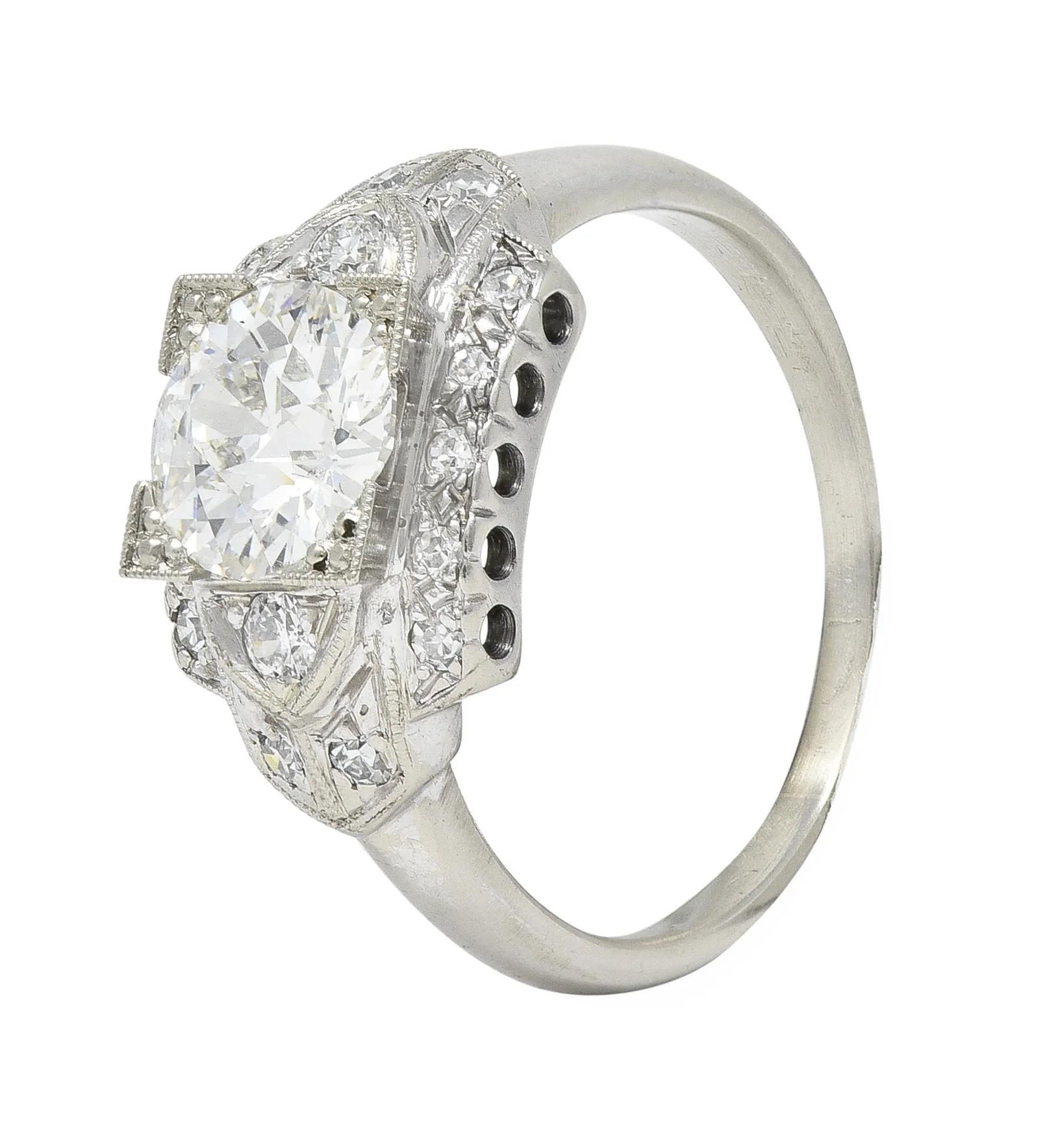 Art Deco 1.39 CTW Old European Cut Diamond 14 Karat White Gold Stepped Vintage Engagement Ring