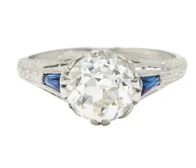 Art Deco 1.95 CTW Diamond Sapphire Platinum Vintage Engagement Ring GIA