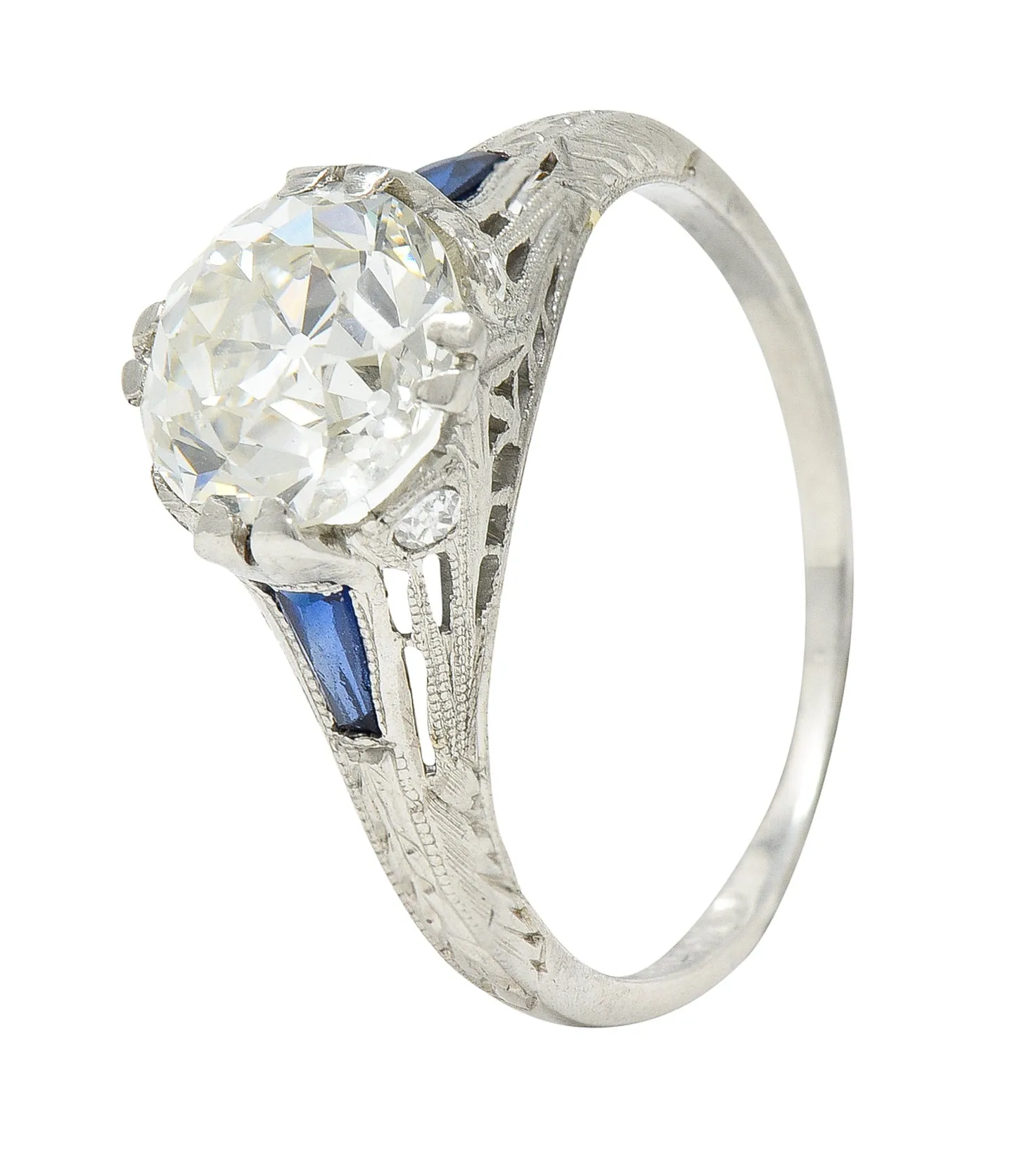 Art Deco 1.95 CTW Diamond Sapphire Platinum Vintage Engagement Ring GIA