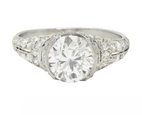 Art Deco 2.38 CTW Old European Diamond Platinum V Vintage Engagement Ring GIA