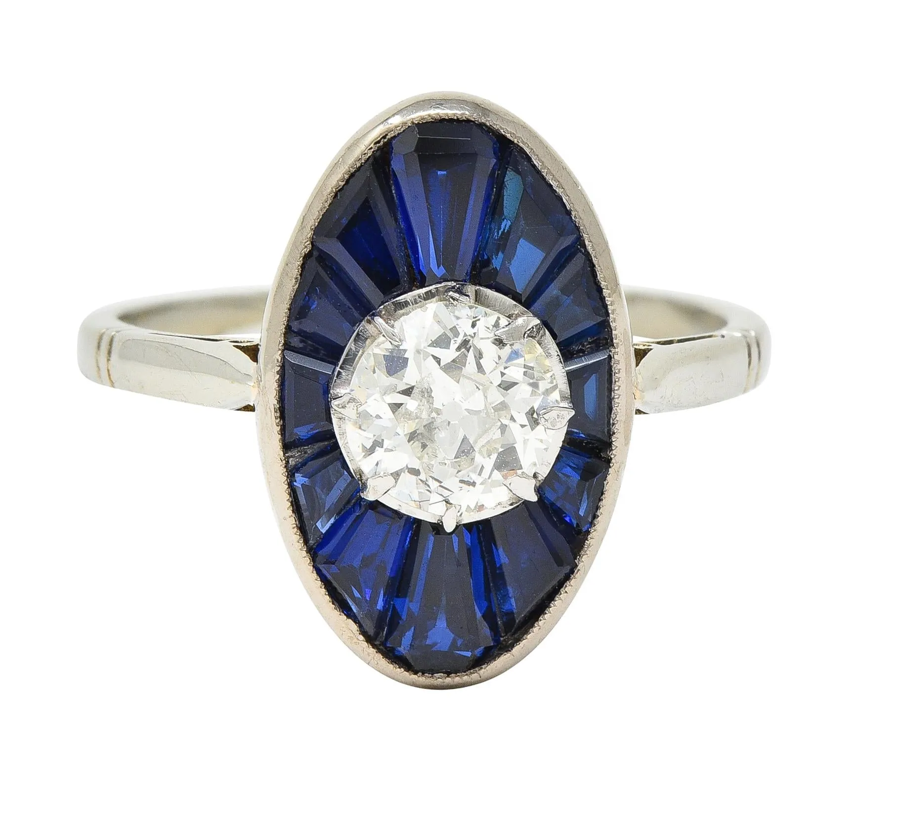 Art Deco French Old European Cut Diamond 18 Karat Gold Sapphire Halo Vintage Dinner Ring