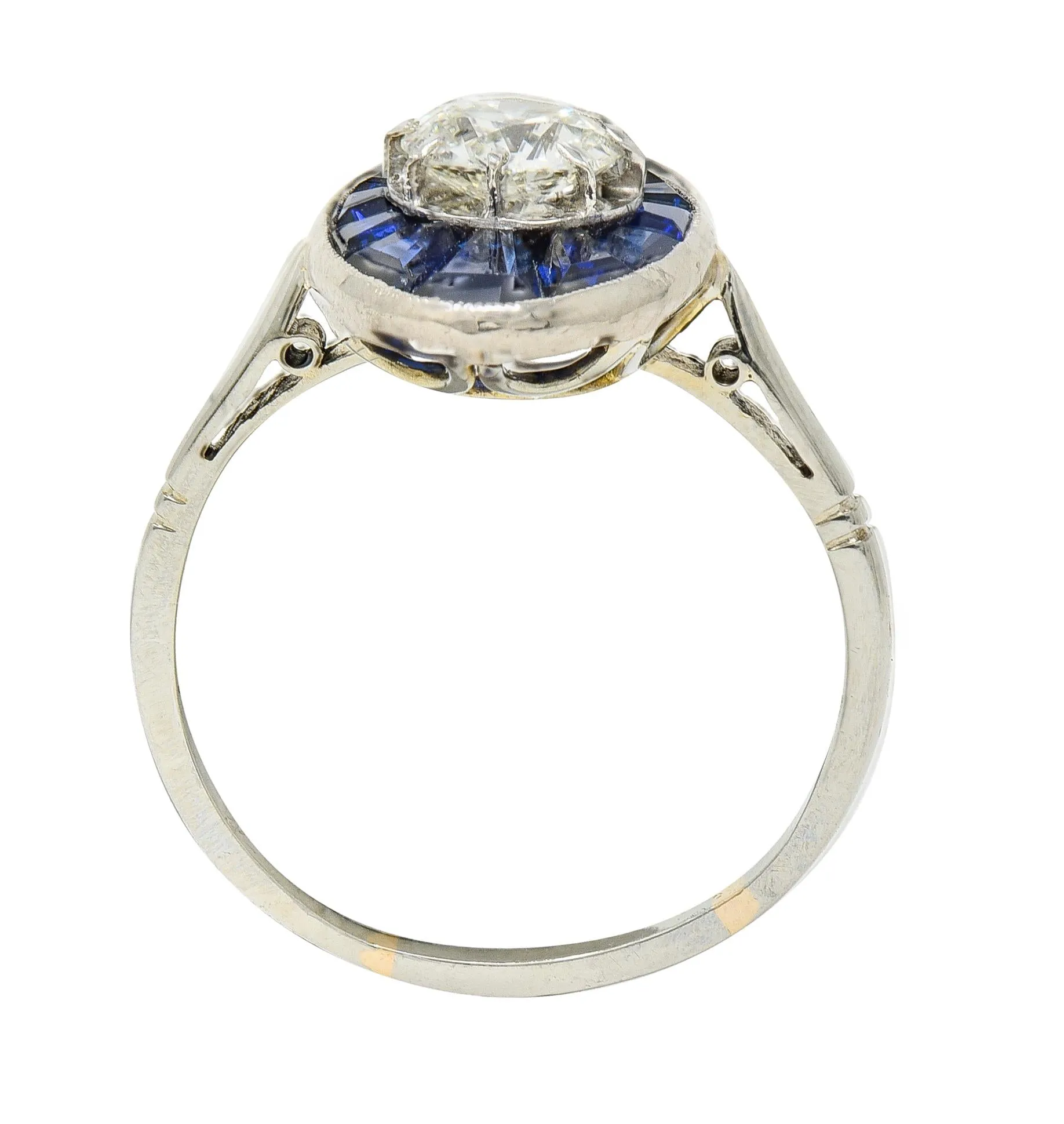 Art Deco French Old European Cut Diamond 18 Karat Gold Sapphire Halo Vintage Dinner Ring