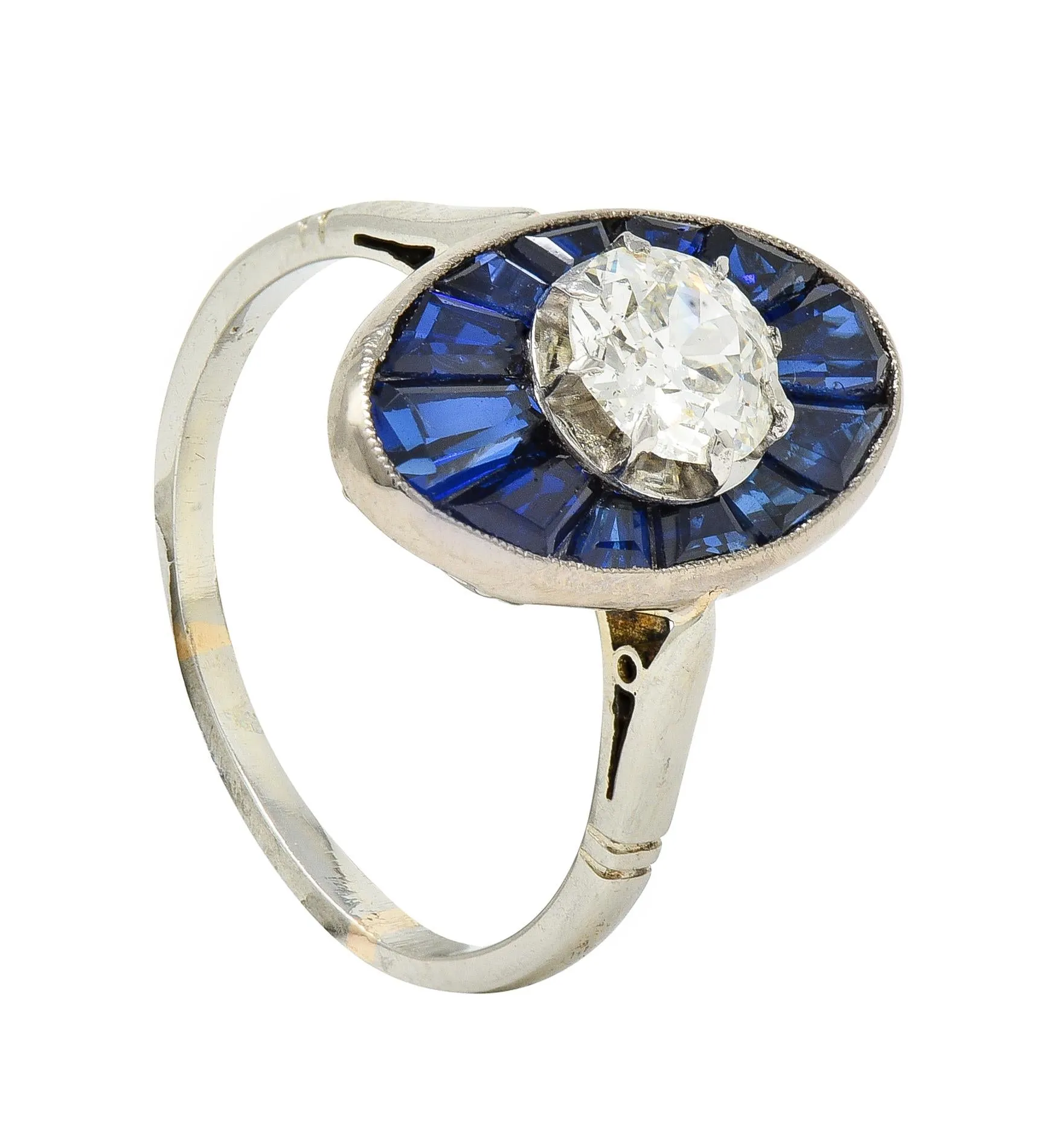 Art Deco French Old European Cut Diamond 18 Karat Gold Sapphire Halo Vintage Dinner Ring