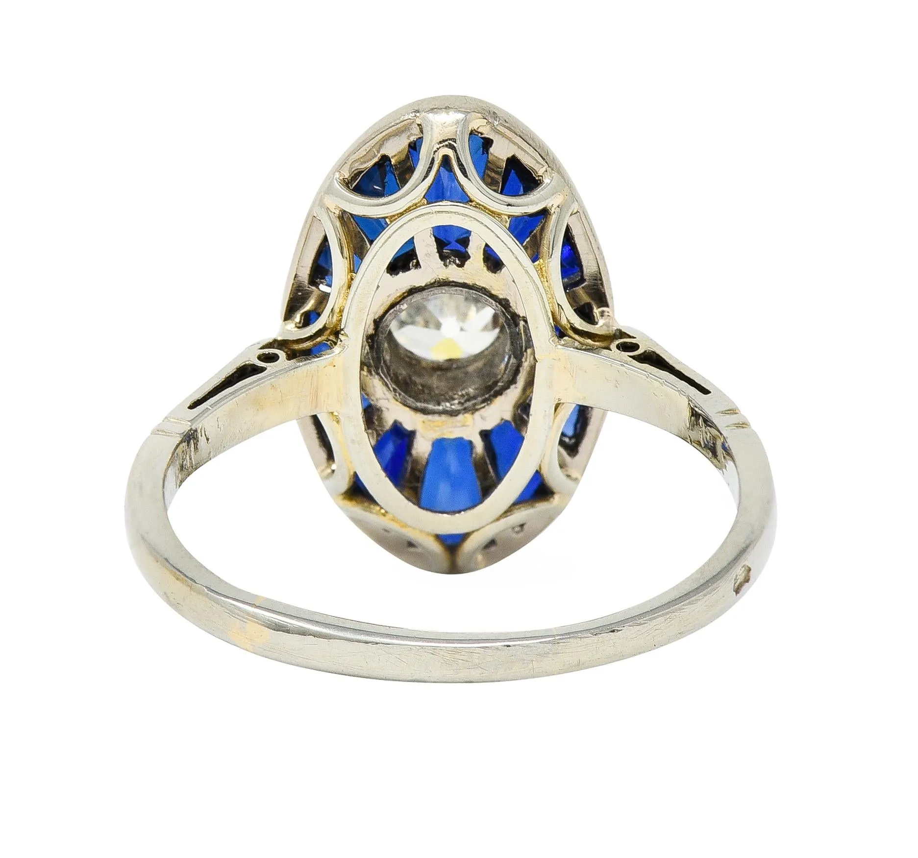 Art Deco French Old European Cut Diamond 18 Karat Gold Sapphire Halo Vintage Dinner Ring