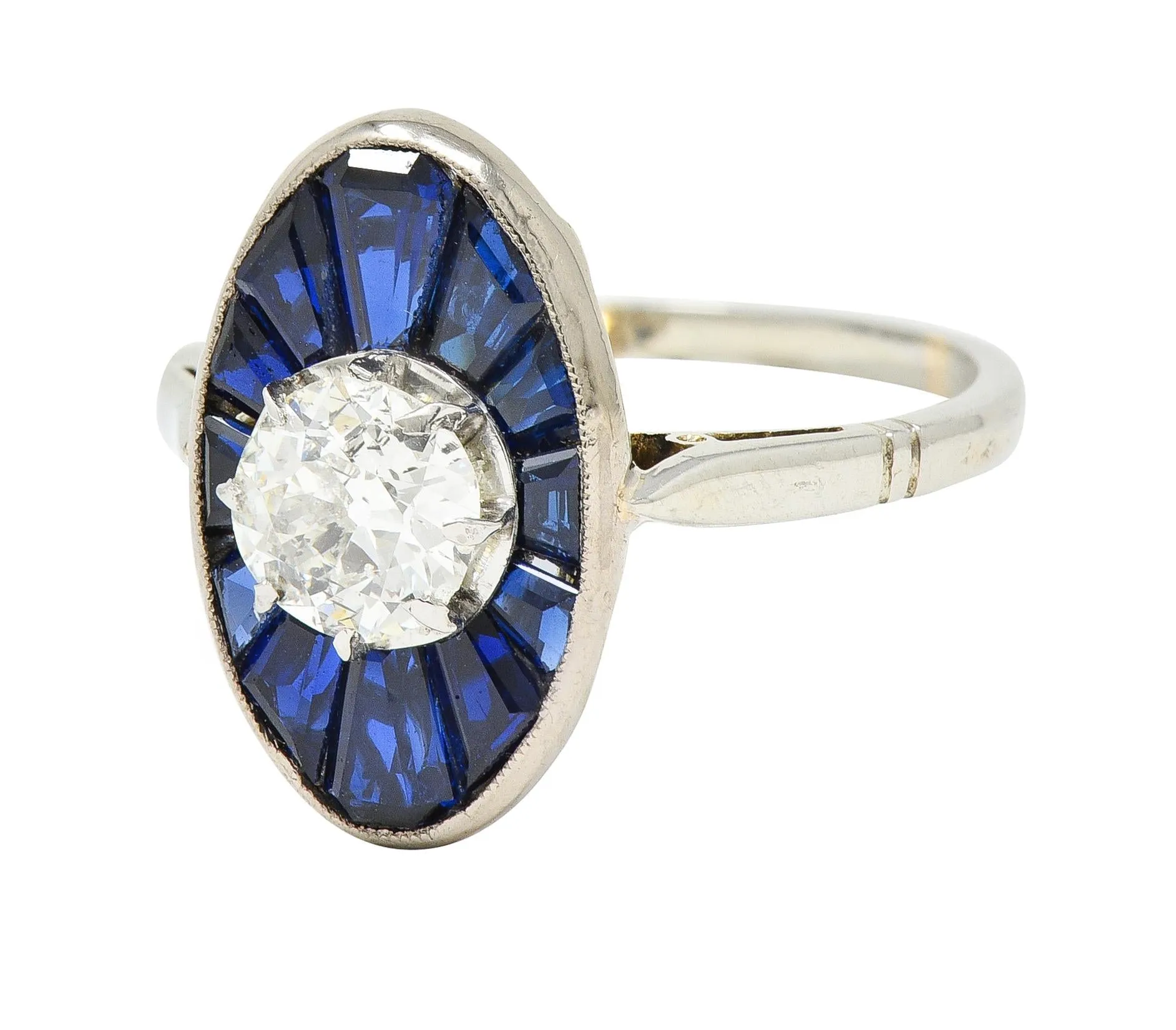 Art Deco French Old European Cut Diamond 18 Karat Gold Sapphire Halo Vintage Dinner Ring