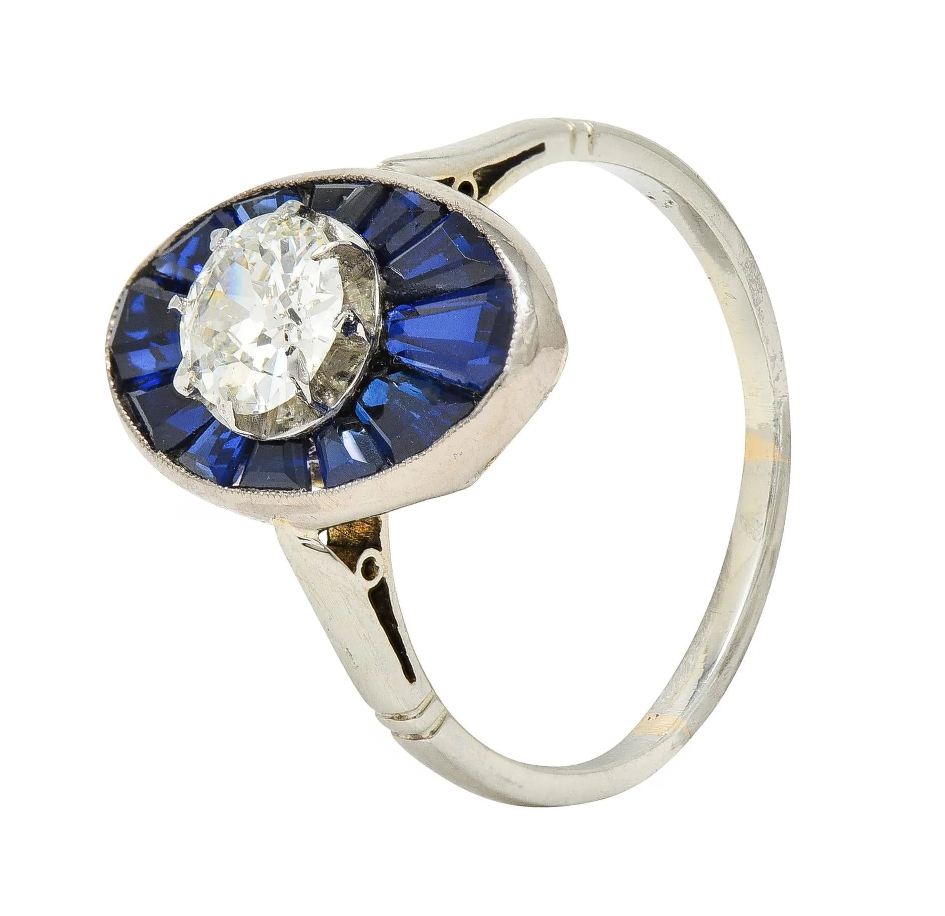 Art Deco French Old European Cut Diamond 18 Karat Gold Sapphire Halo Vintage Dinner Ring