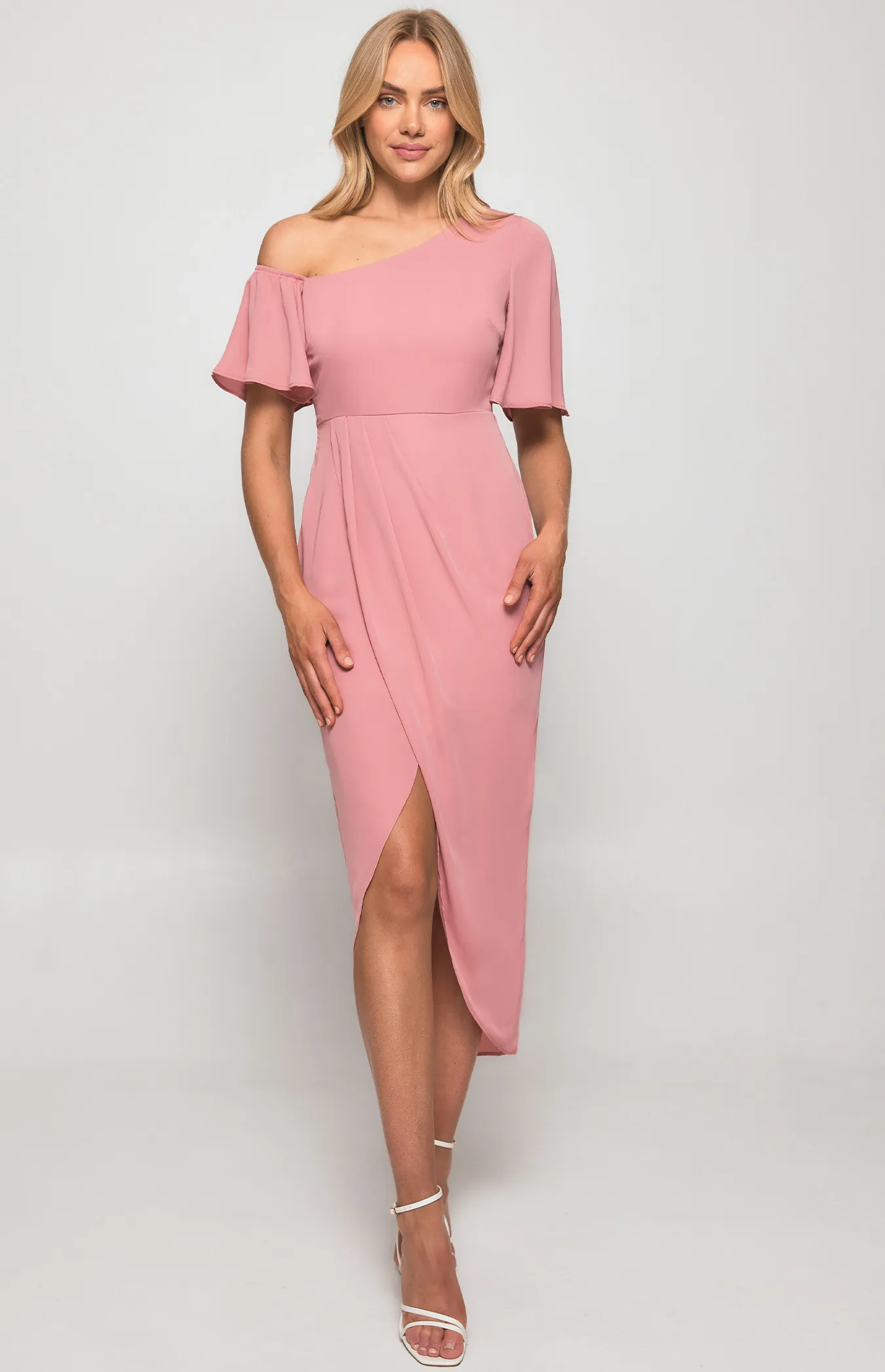 Asymmetric Neckline Butterfly Sleeve Dress with Tulip Hem (SDR1223A)