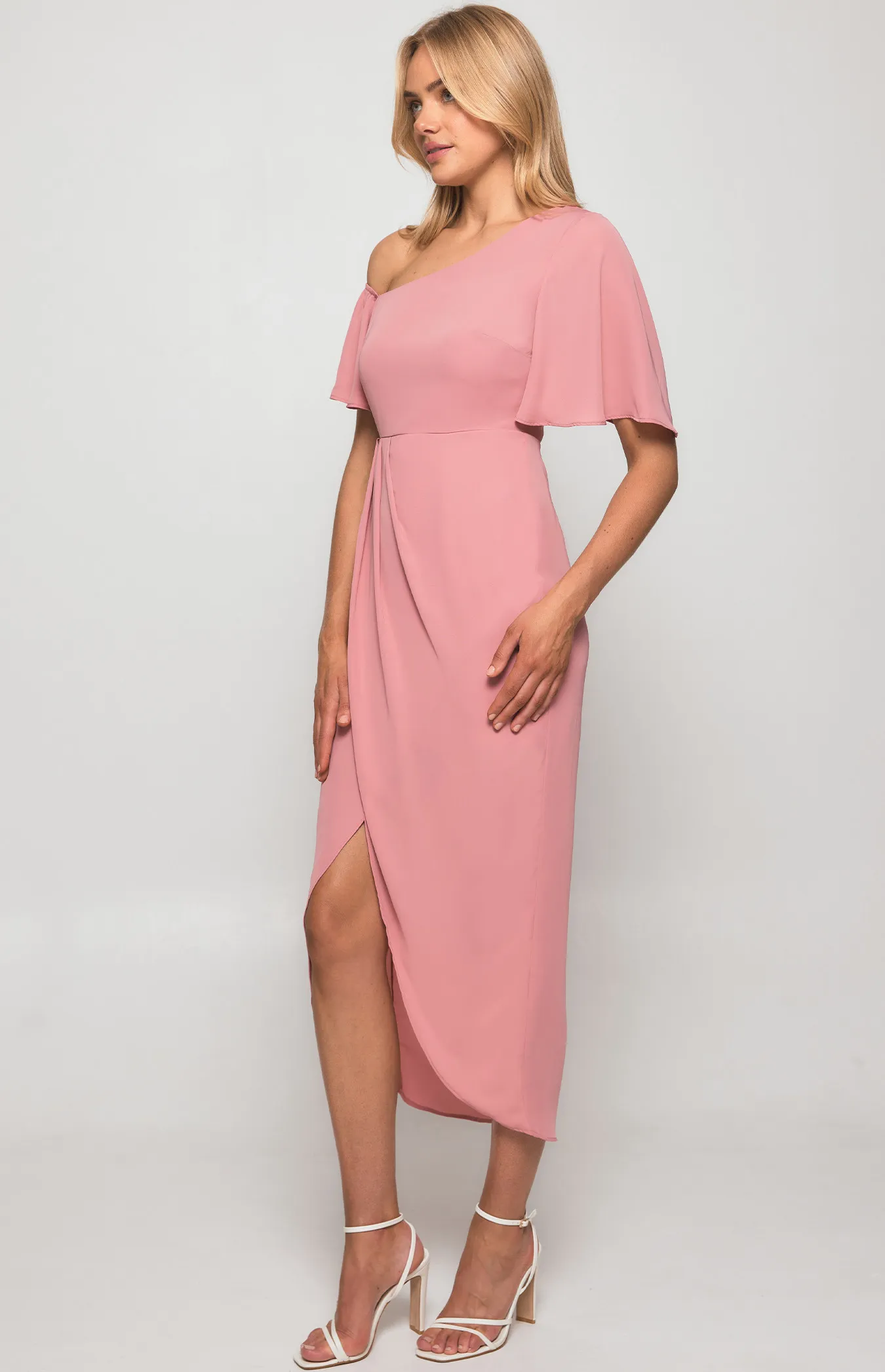 Asymmetric Neckline Butterfly Sleeve Dress with Tulip Hem (SDR1223A)