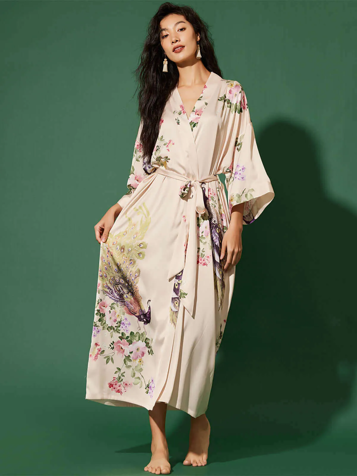 Beige Peacock Kimono Robe