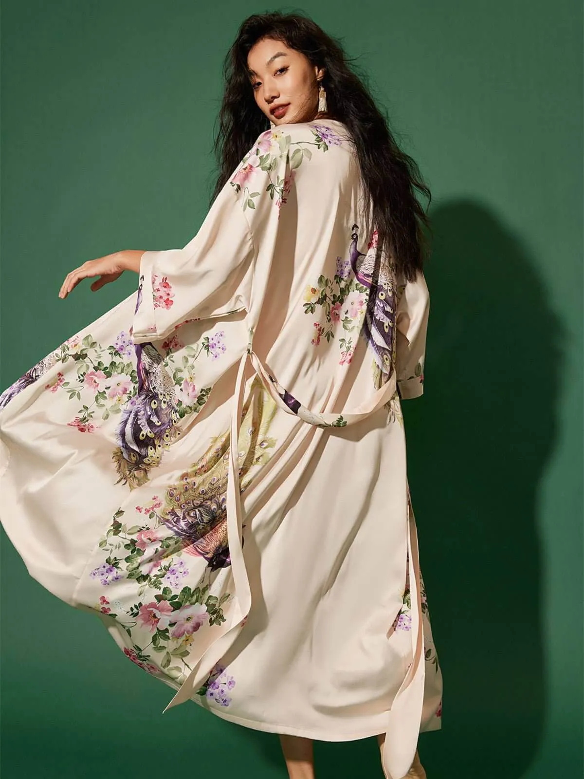 Beige Peacock Kimono Robe