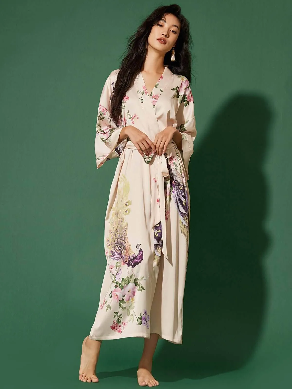 Beige Peacock Kimono Robe