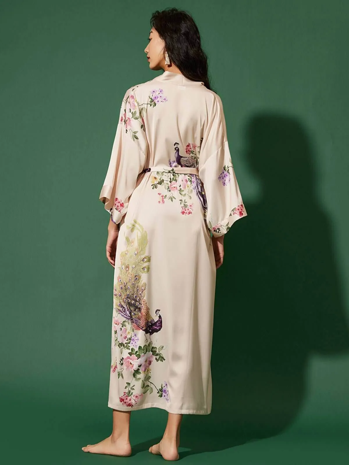 Beige Peacock Kimono Robe