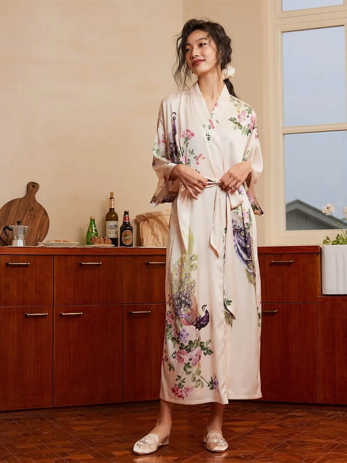 Beige Peacock Kimono Robe