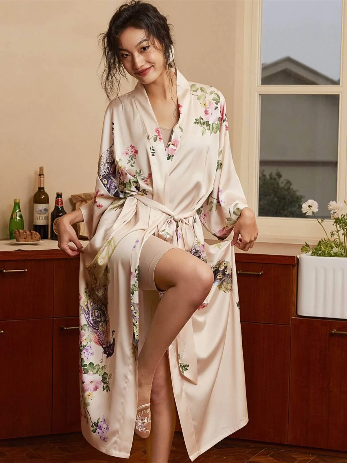 Beige Peacock Kimono Robe