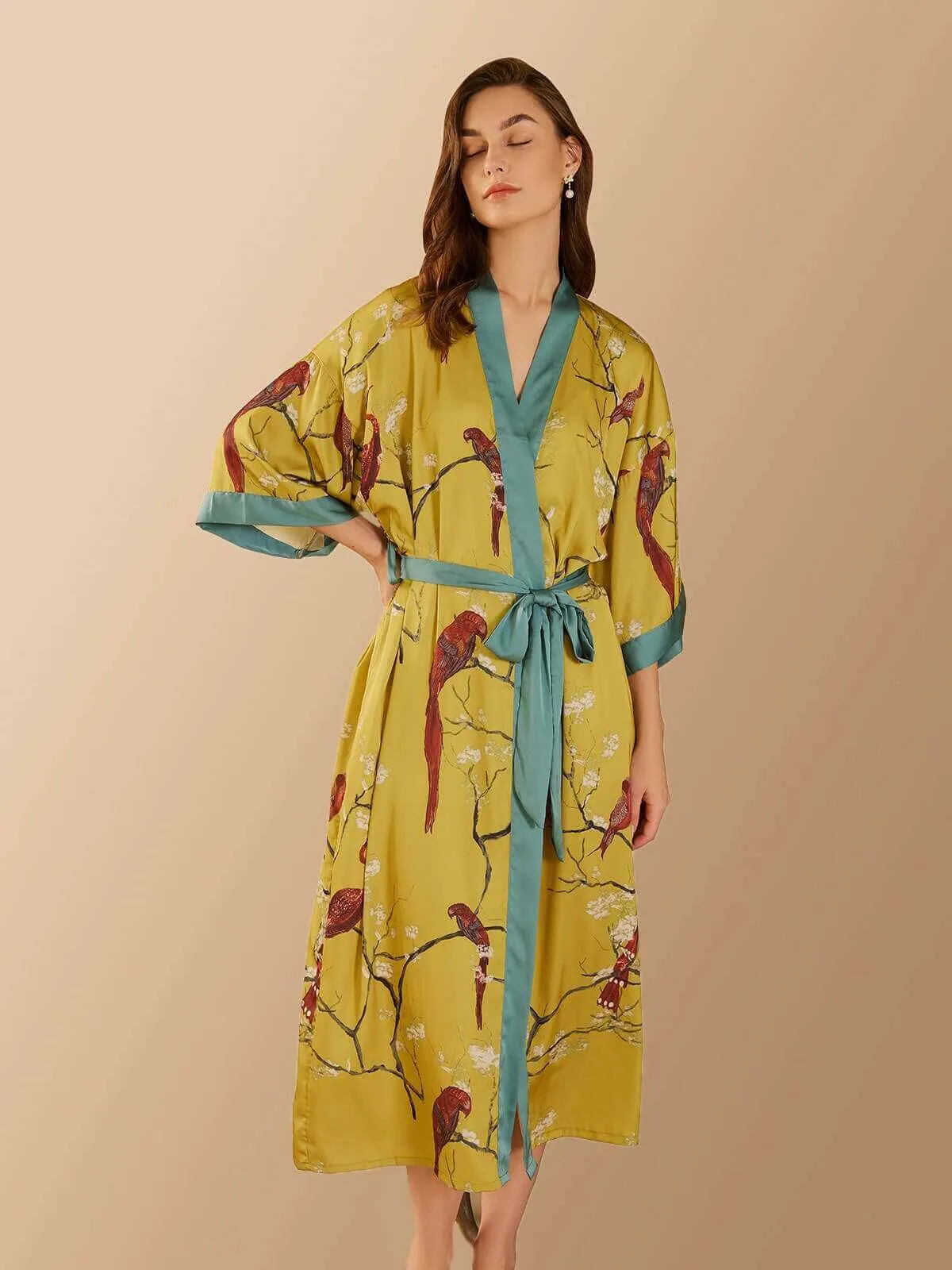 Bird Print Kimono Robe