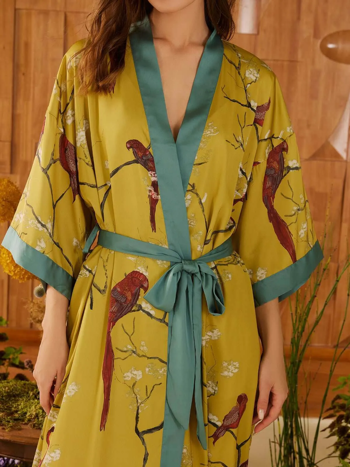 Bird Print Kimono Robe