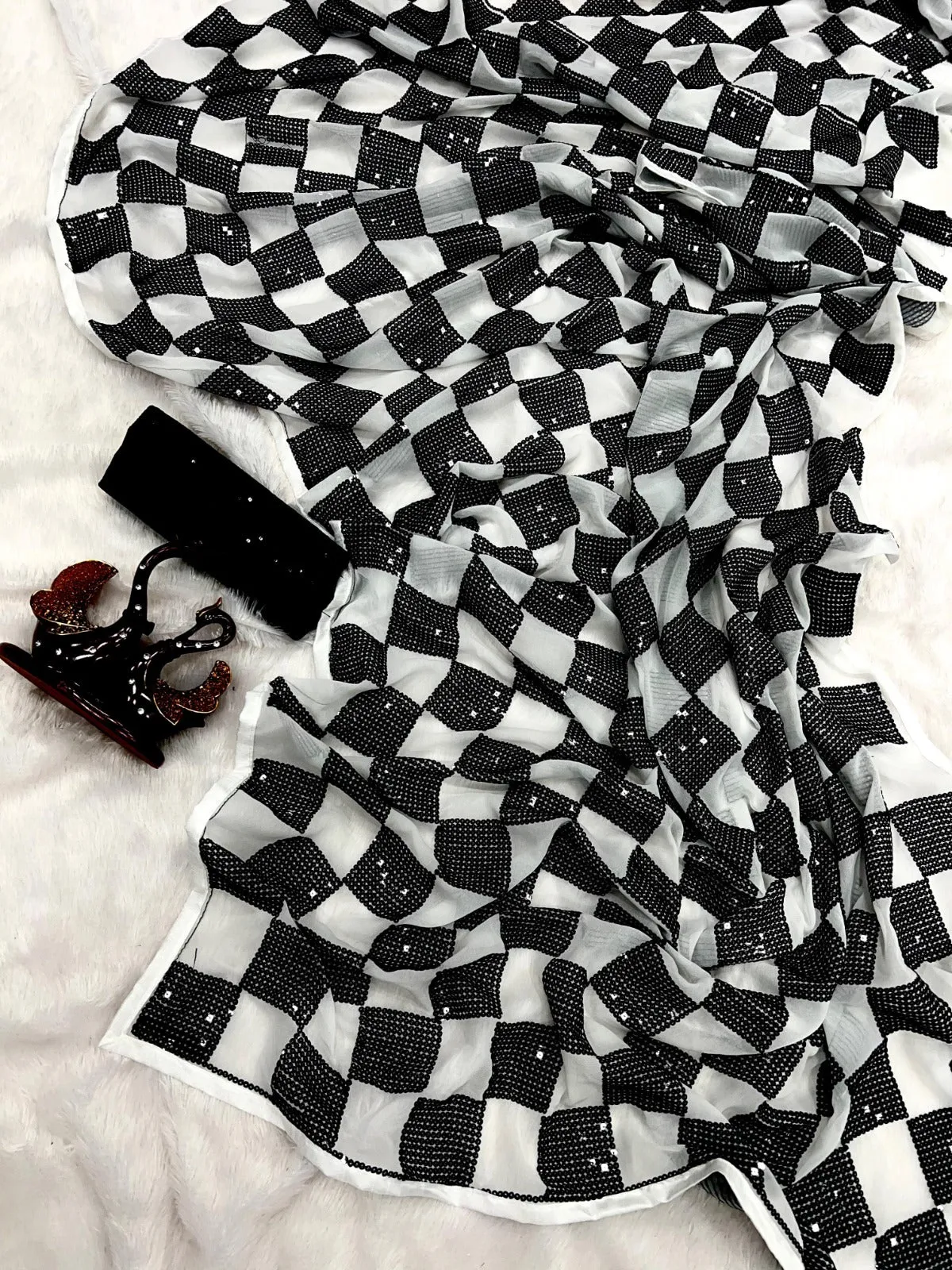 Black and White Sequins Saree for Women - SATYA001CS | Chess Board Design