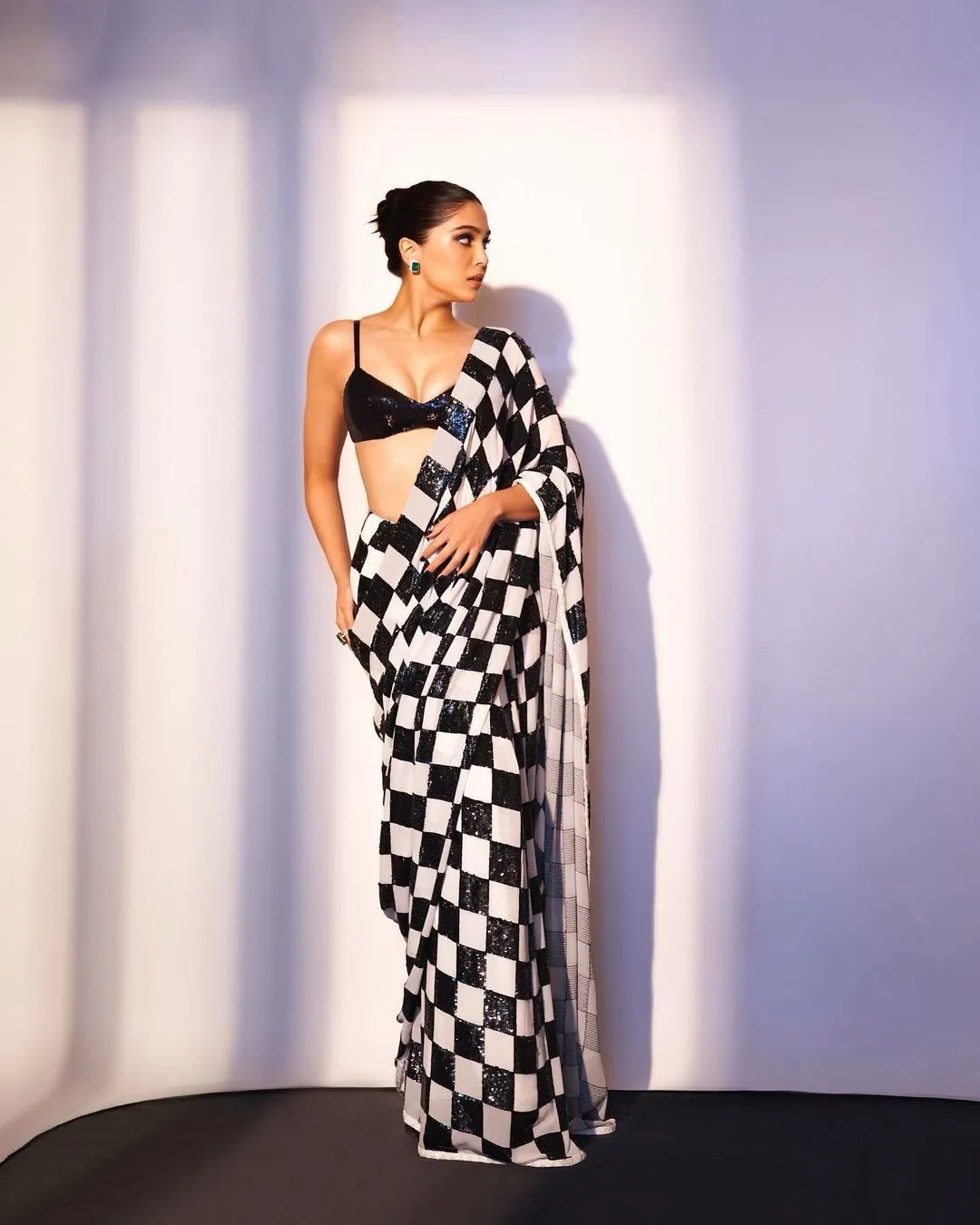 Black and White Sequins Saree for Women - SATYA001CS | Chess Board Design