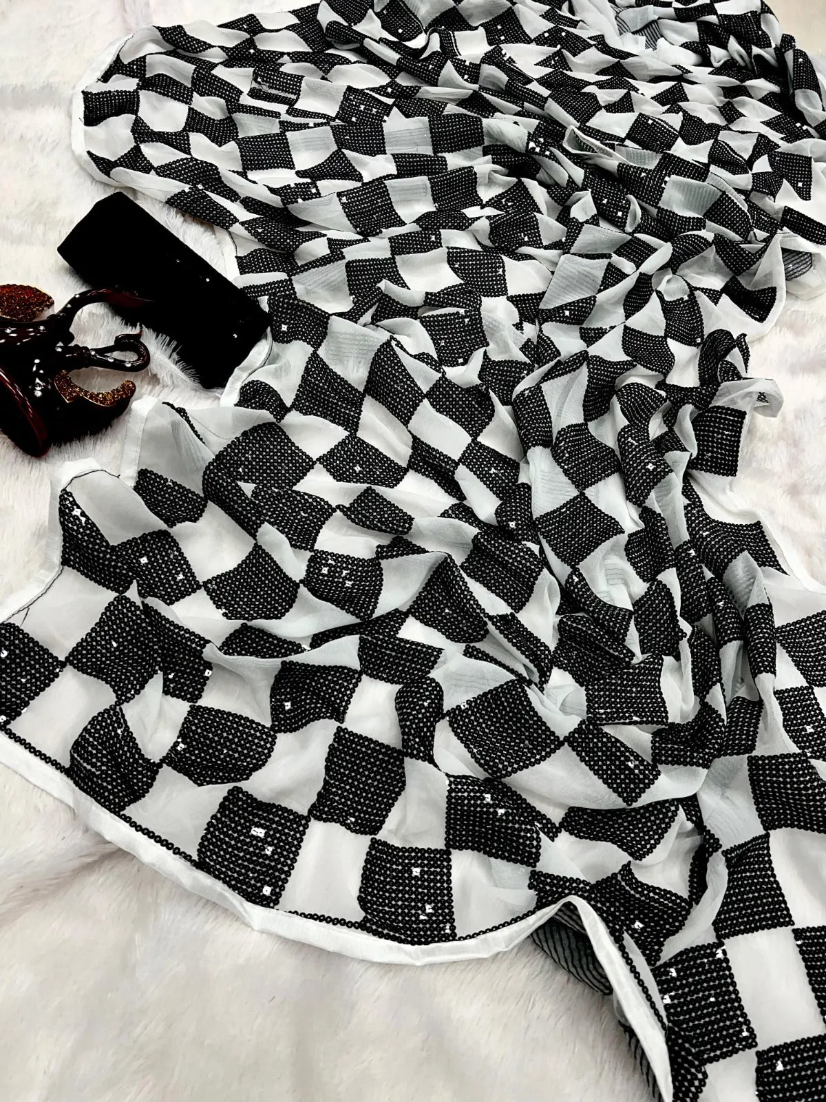 Black and White Sequins Saree for Women - SATYA001CS | Chess Board Design