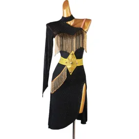 Black Latin Dancewear with Gold Fringe | One Sleeve | $228.