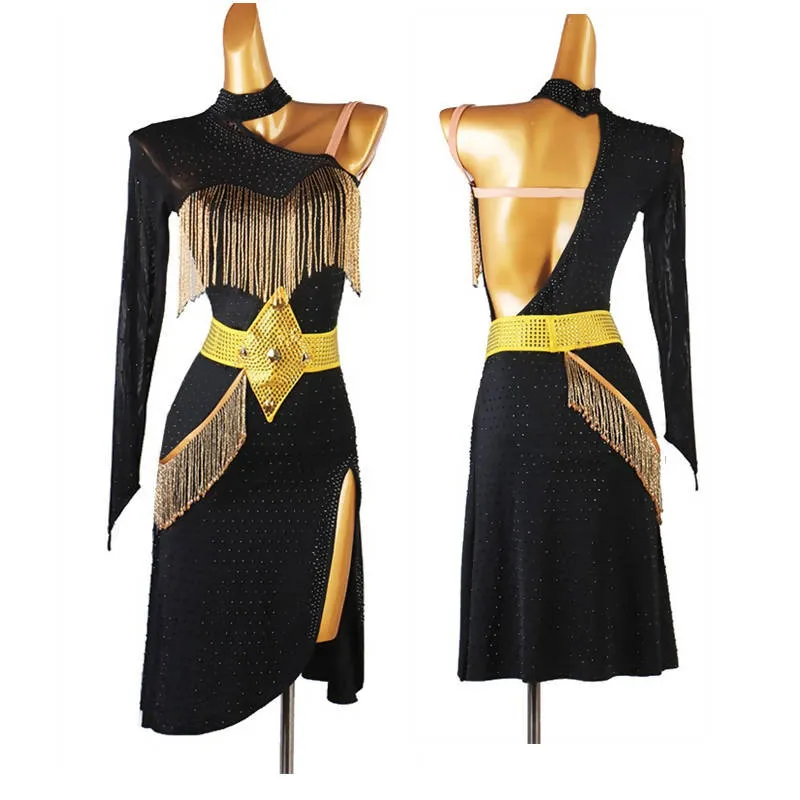 Black Latin Dancewear with Gold Fringe | One Sleeve | $228.