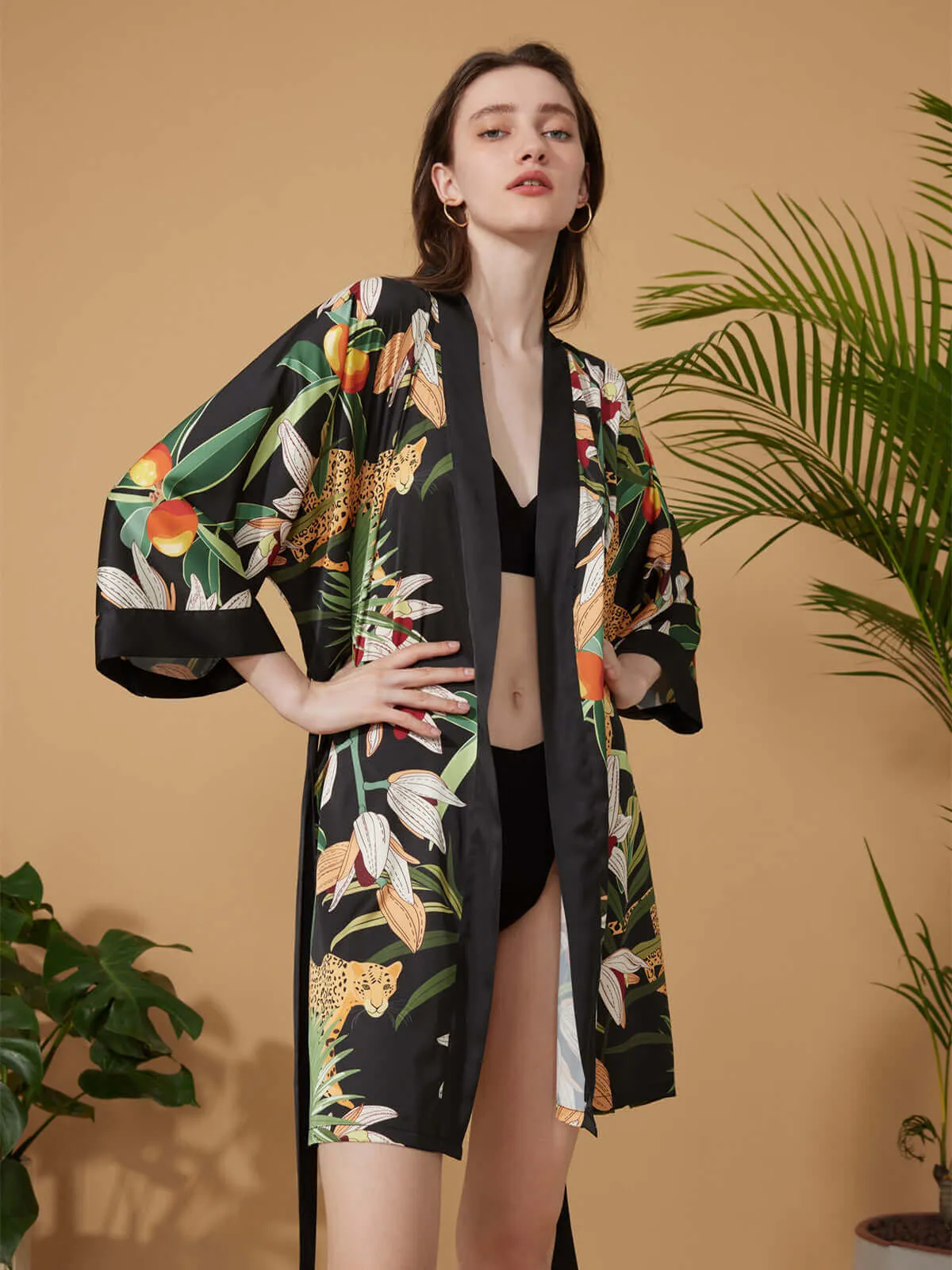 Black Leopard Short Kimono Robe