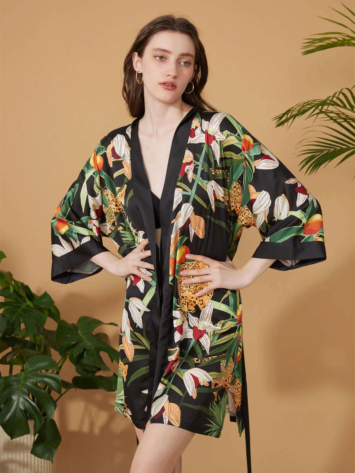 Black Leopard Short Kimono Robe