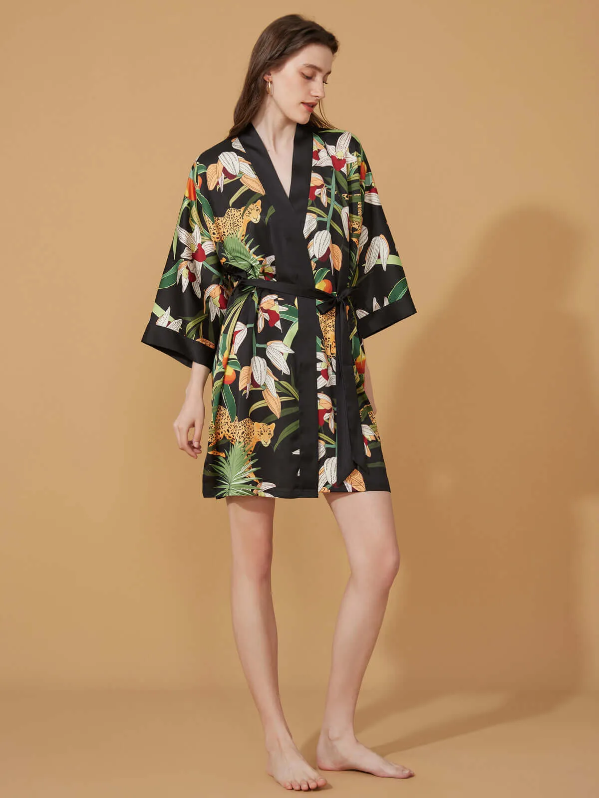 Black Leopard Short Kimono Robe