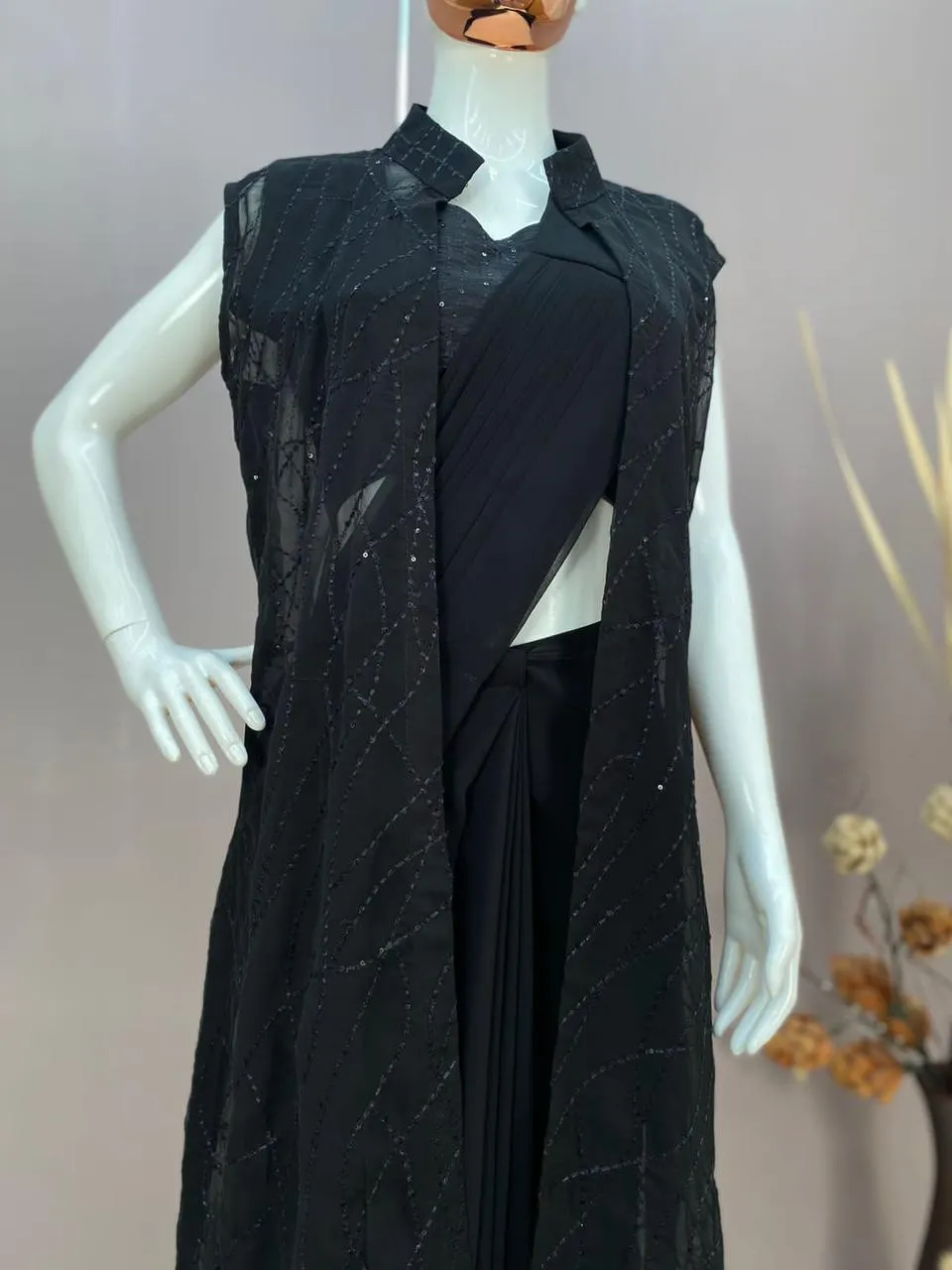 Black Sequins work Koti - SHREE001BK - Ready to wear Saree