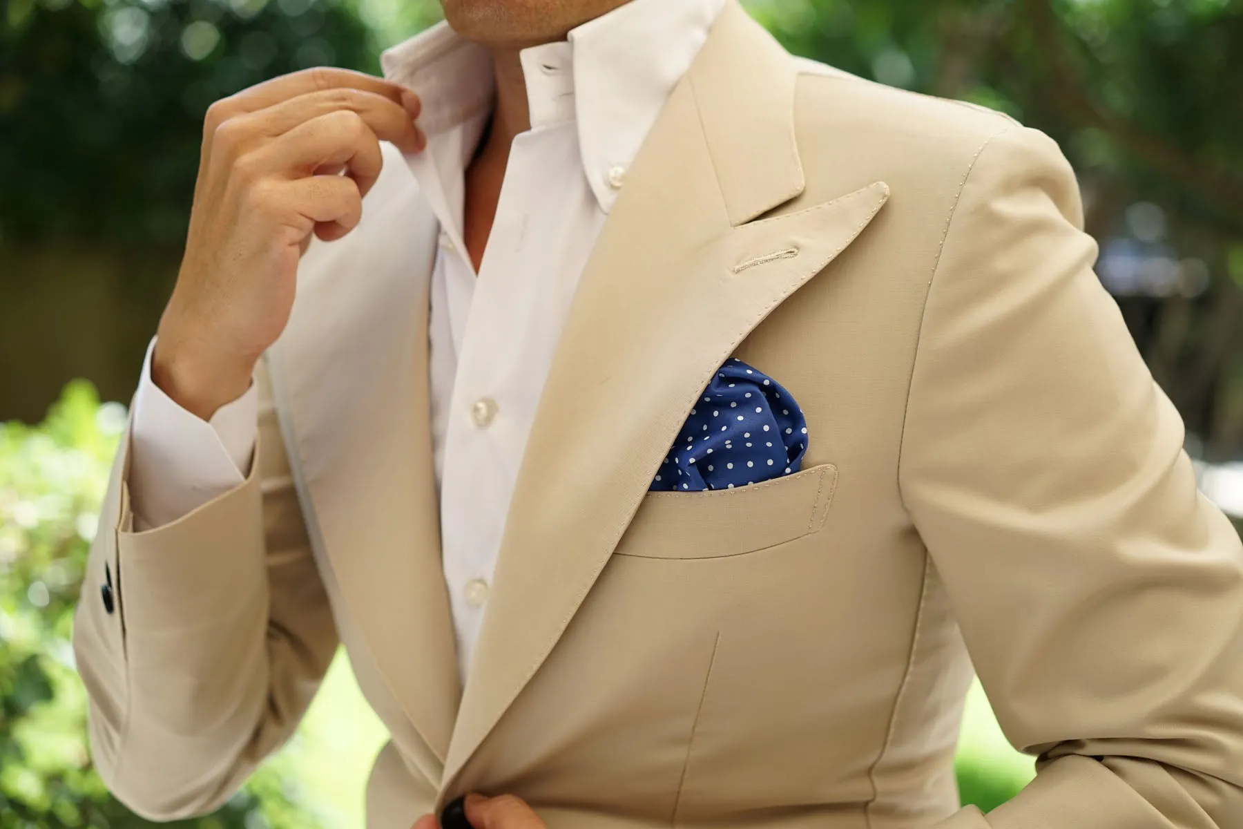 Blue Cotton Pocket Square with Mini White Polka Dots